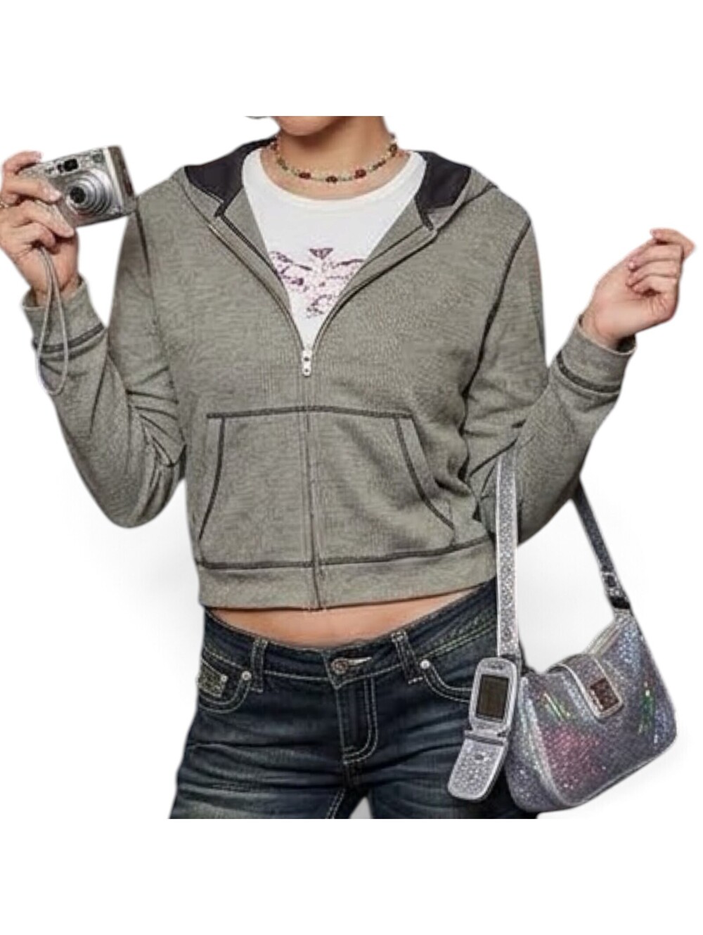 Fabletics Gray Cropped Zip Up Hoodie Size M